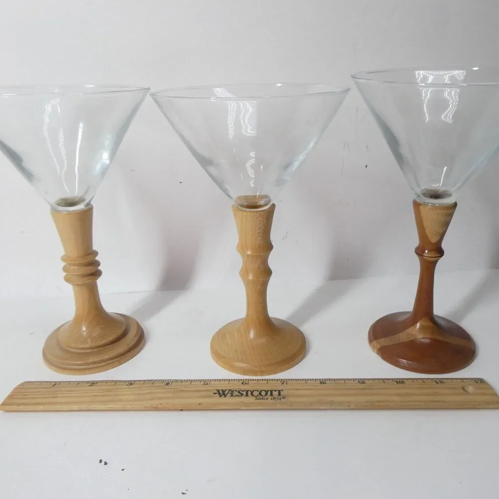 3 Turned Wood Stem Martini Glasses Signed Handmade Wooden